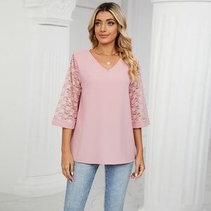 2/$40  Pink Top with Floral Lace 3/4 Sleeve Blouse V Neck Loose Summer Elegant